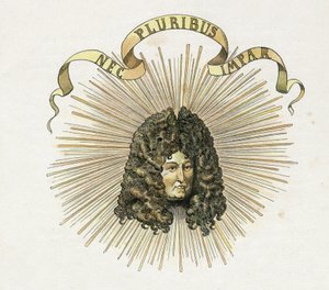 Retrato do Rei Luís XIV (1638-1715) com seu lema em latim "Nec pluribus impar" (A no other similar). em "France, his story told by G. Montorgueil, imagee by Job" 1896. Coleção privada. de pseudonym for Onfray de Breville Jacques Job
