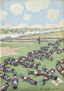 Cena da história da França nos brinquedos: Guerra da Sucessão da Áustria (1740-1748). Tropa de soldados de infantaria do exército francês mortos pelos ingleses na batalha de Fontenoy em 11 de maio de 1745. Em "Joujoux a l
