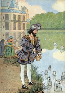 Cena da história da França nos brinquedos: o Rei da França François I (1494-1547) dá pão ao peixe do parque de Fontainebleau. Em "Joujoux a l