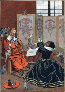 Cena da história da França nos brinquedos: mulher implorando o perdão do Cardeal Richelieu (1585-1642) rodeada de gatos. Em "Joujoux a l