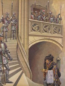 O barbeiro subiu as escadas em direcção à câmara do Rei, passando pelos numerosos guardas armados (cor litho) de pseudonym for Onfray de Breville Jacques Job