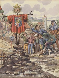 O povo de Dinant zombando de uma efígie de Carlos o Negrito, Duque de Borgonha (cor litho) de pseudonym for Onfray de Breville Jacques Job