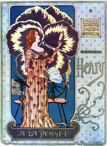 Art Nouveau: cartaz publicitário para a loja de cosméticos "Henry a la Thought" em Paris. Uma jovem mulher admira-se num espelho, atrás dela uma flor de pensamento. Ilustração de L. Trianon de pseudonym of Trinquier Louis Trinquier Trianon