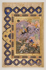 Caça aos animais selvagens, c.1540 (tinta, guache e ouro) de School Iranian