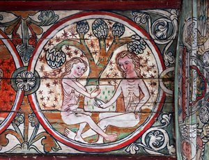 Adão e Eva no Jardim do Éden, decoração de Al Stavkirke, Noruega (fresco)