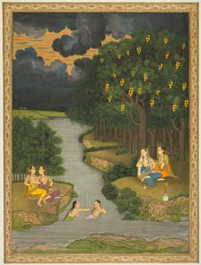 Mulheres curtindo o rio na beira da floresta de style of Hunhar II
