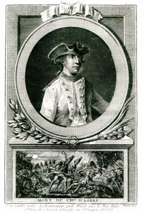 Retrato de Louis, chevalier d&39;Assas (1733-1760), e sua morte em Clostercamp em 1760 (gravura) (foto bw) de the Younger Dupin