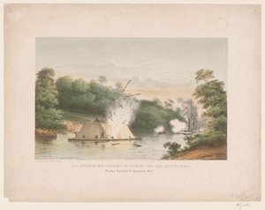 H.M. vapor Celebes em batalha com um kotta-mara. Poeloe Kanamit, 6 de Agosto de 1859 (título sobre o objecto) de weduwe Elias Spanier and Zn