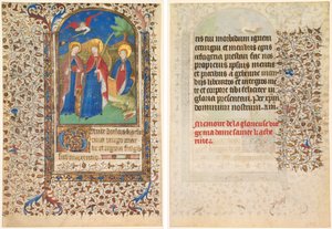 Folha de um livro de horas: Sts. Geneviève, Catherine de Alexandria e Margaret (reto) e Texto (verso)