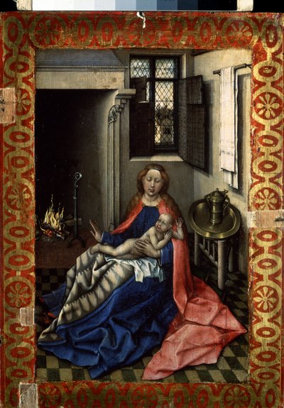 "Madonna and Child near a Fireplace" (A Virgem e o Menino junto a uma lareira) Painel direito de um díptico. Pintura sobre madeira de Robert Campin, conhecido como Mestre de Flemalle (1375-1444) por volta de 1430 Dim. 34,3x24,5 cm Museu Hermitage, São Pete de Master of Flémalle