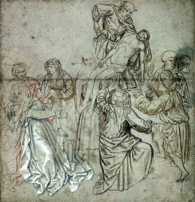 Painel central de um tríptico perdido por Campin, possivelmente desenhado por Vranck van der Stock (1424-95) (caneta e giz sobre papel) de Master of Flémalle