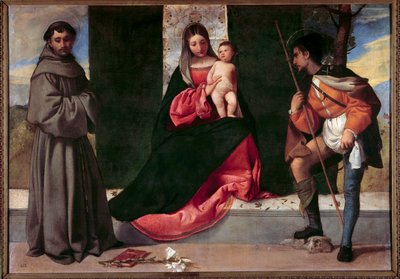 A Virgem e o Menino entre Santo António de Pádua (san antonio di padova) e São Roch Pintura de Giorgio Barbarelli da Castelfranco dit Giorgione (1477-1510). Sol do século XVI. 0,92x1,33 m Madrid, Museu do Prado. de Giorgione