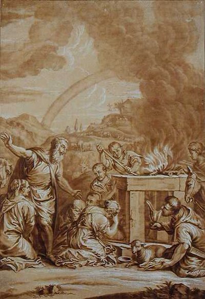 Noah after the Flood, gravado por Elishah Kirkhall (1682-1742) (cor litho) de Veronese
