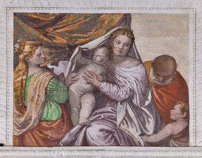 Madonna com o Menino Jesus e Santa Catarina oferecendo uma pomba a Jesus, Muralha do Sul do Quarto do Cão Pequeno, detalhe de 2632659 de Veronese