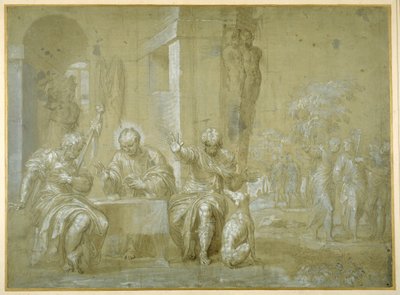 A Ceia em Emaús, c.1550 (caneta, tinta preta e aguada marrom no papel) de Veronese