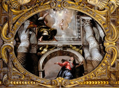 Anunciação. Pintura de Paolo Caliari chamada Paolo Veronese (1528-1588), depois de 1568. Óleo sobre tela. Dimensões: 340x455cm. Veneza, Basílica dos Santos João e Paulo (San Zanipolo), Capela do Rosário. Veneza (Basílica dos Santos Giovanni e Paolo (San Za de Veronese