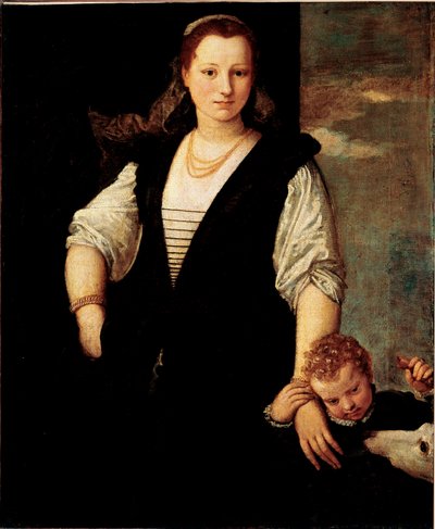 Retrato de uma mulher com uma criança e um cão (os filhos de Francesco Bevilacqua?) Pintura de Paolo Veronese Caliari (1528-1588) Sol do século XVI. 115x95 cm Paris, Musee du Louvre de Veronese