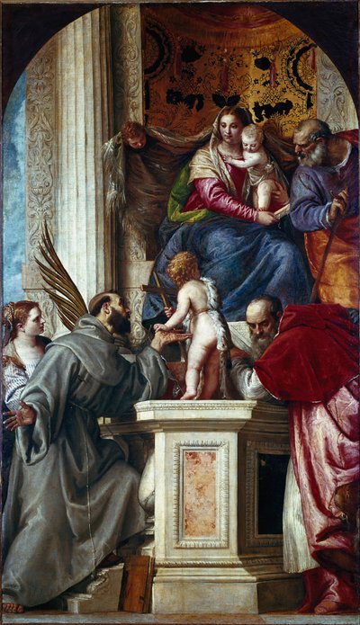 A Sagrada Família com os Santos (Sagrada Conversa conhecida como Pala di San Zaccaria ou Altarpiece of St. Zechariah). Pintura de Paolo Caliari Paolo Veronese (1528-1588) de Veronese