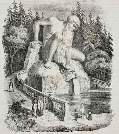 Colossus of Apennines (de Giambologna) no parque de Villa Demidoff (Villa Medicea de Pratolino), Vaglia, Toscana, Itália, litografia de Giovanni Mariani de Poliorama Pittoresco, n 10, 15 de outubro de Giambologna