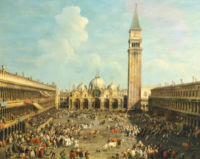 Tourada ou Caça ao Touro na Piazza San Marco, por Giovanni Antonio Canal, conhecido como Canaletto (1697-1768) e por Giovanni Battista Cimaroli (1687- depois de 1753), óleo sobre tela, 99x145 cm de Canaletto