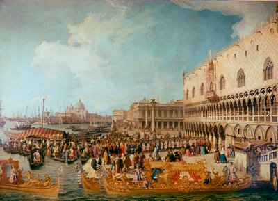 Recepção do Embaixador Imperial Conde Bolagnos no Palácio Ducal em Veneza Giuseppe Bolagnos, Embaixador do Imperador Carlos VI ou Carlos de Habsburgo (1685-1740) na República de Veneza. Pintura de Giovanni Antonio Canal dit il Canaletto (1697-17) de Canaletto