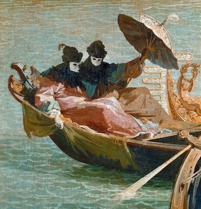 O noivado do Doge de Veneza com o Mar Adriático: Detalhe de dois personagens usando a máscara e um guarda-chuva em uma gôndola (óleo sobre tela, ca. 1729) de Canaletto
