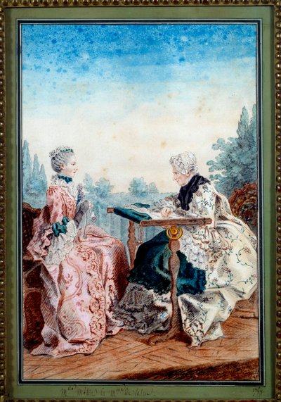 Mademoiselle Melin e Mademoiselle de Laleu fazendo tapeçaria de aquarela por Louis cengis dit Carmontelle (1717-1806) 1759. Paris, Musee Carnavalet de Carmontelle