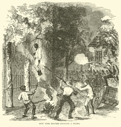 Motivadores de Nova Iorque pendurando uma pessoa negra, Julho de 1863 (gravura) de (after) American School