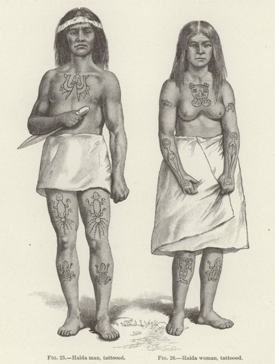 Mulher e homem Haida tatuados (gravura) de (after) American School