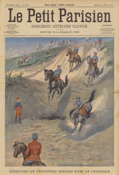 Cavalaria francesa praticando descida rápida e íngreme a cavalo (cor litho) de (after) Carrey