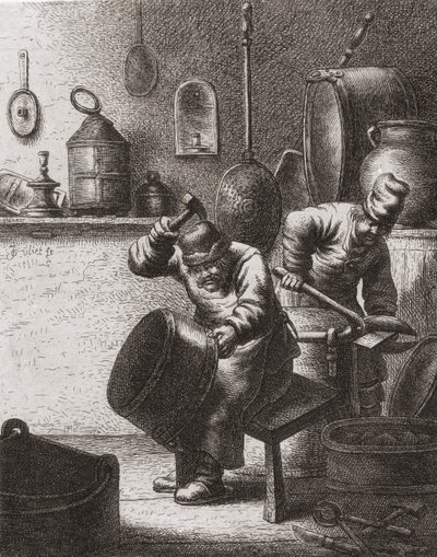 Coppersmiths at work in the 17th century (impressão) de (after) Dutch School