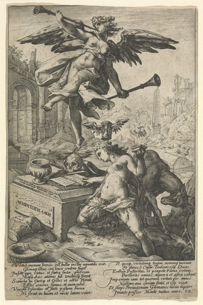 Fama e História, depois de 1586 (gravura em papel depositado) de (after) Dutch School