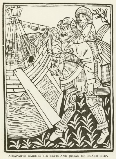 Ascaparte transporta Sir Bevis e Josian a bordo do navio (gravura) de (after) English School