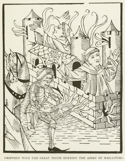 Geoffrey com o grande dente queimando a Abadia de Maillieres (gravura) de (after) English School