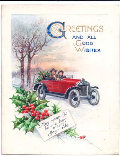 Arte original para um cartão de Natal de um carro vermelho e azevinho, por volta de 1951 de (after) English School