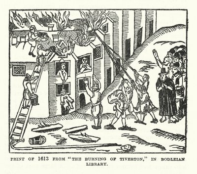 Impressão de 1613 de "The Burning of Tiverton" na Biblioteca Bodleian (litografia) de (after) English School