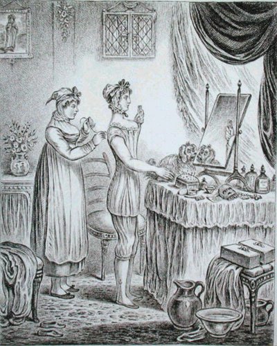Progress of the Toilet: the Stays, etc. de James Gillray (1757-1815) publicado por Hannah Humphrey em 1810 (gravura) de (after) English School