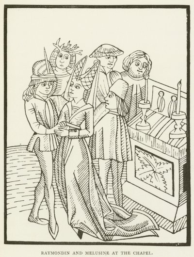 Raymondin e Melusine na capela (gravura) de (after) English School