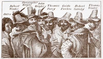 Os Conspiradores de Pólvora, após uma gravação de 1606 (gravura) de (after) English School