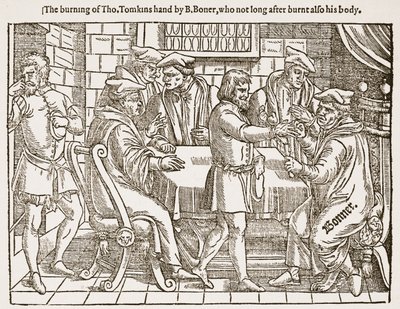 A queima de Tho. A mão de Tomkins por B. Boner, que não muito depois de queimar também o seu corpo, ilustração de 
