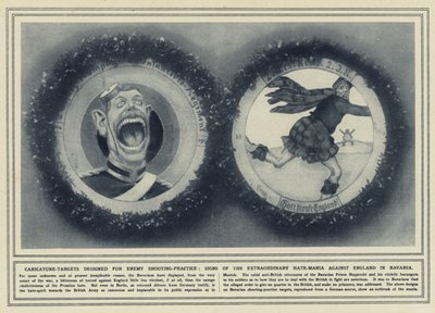Caricatura - objectivos concebidos para a prática de tiro ao alvo inimiga, sinais da extraordinária mania de ódio contra a Inglaterra na Baviera (foto a p/b) de (after) English photographer