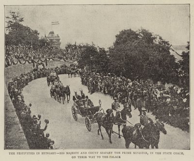 As festividades na Hungria, Sua Majestade e o Conde Szapary, o Primeiro Ministro, no Técnico de Estado, a caminho do Palácio (foto a p/b) de (after) English photographer