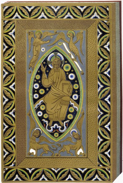 Cristo em Mandorla com os símbolos dos 4 evangelistas (Tetramorph). Litografia que reproduz uma encadernação esmaltada do século XIII. de (after) French School