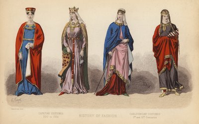 A moda em França: Trajes Capetianos 1100 a 1364; Trajes Carlovingianos Séculos IX e X (gravura colorida) de (after) French School
