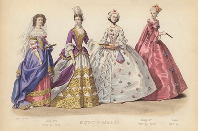 A moda em França: Luís XIV 1668 a 1694; Luís XV 1720 a 1760; Luís 1720 a (gravura colorida) de (after) French School