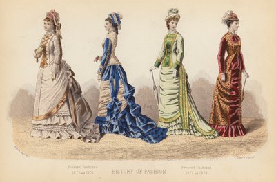 A moda em França: Present Fashions 1875 and 1876; Present Fashions 1877 and 1878 (gravura a cores) de (after) French School