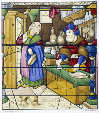 História do Judeu na Rue des Billettes - fac-símile de um vitral, Igreja de St Alpin em Chalon de (after) French School