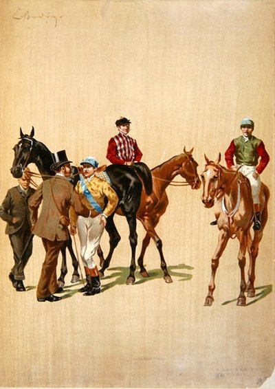 Jockeys no hipódromo, c.1875 (cor litho) de (after) French School