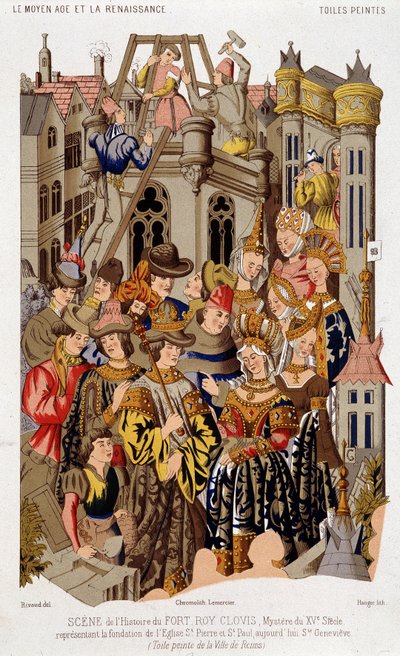 Cena da história de Fort Roy de Clovis. Mistério do século XV representando a fundação da Igreja de São Pedro e São Paulo, hoje Santa Geneviève. (da) Tela pintada da cidade de Reims. de (after) French School