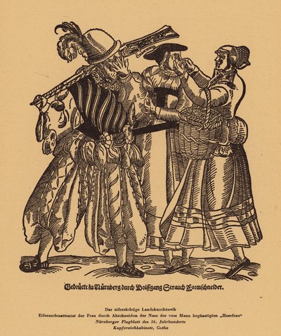 Mulher ciumenta a cortar o nariz de um rival pelos afectos de um Landsknecht (gravura) de (after) German School